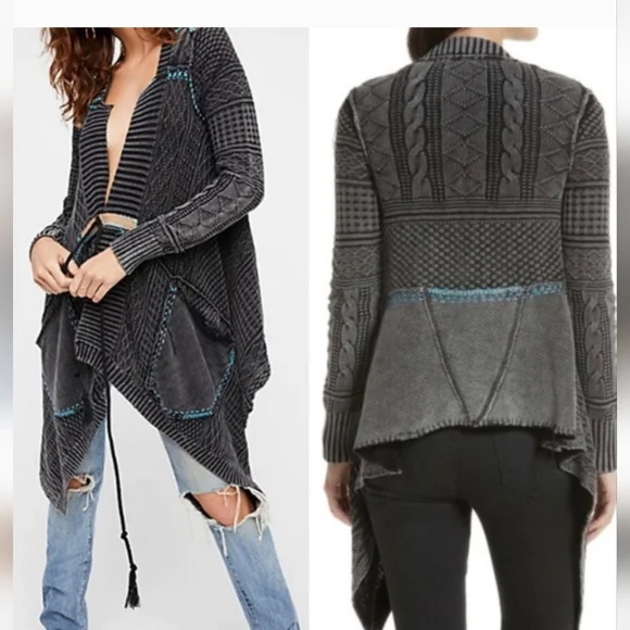 Free People All Washed Out Cardi Asymmetrical Hem Tassel Tie Front Black Small - Picture 16 of 16